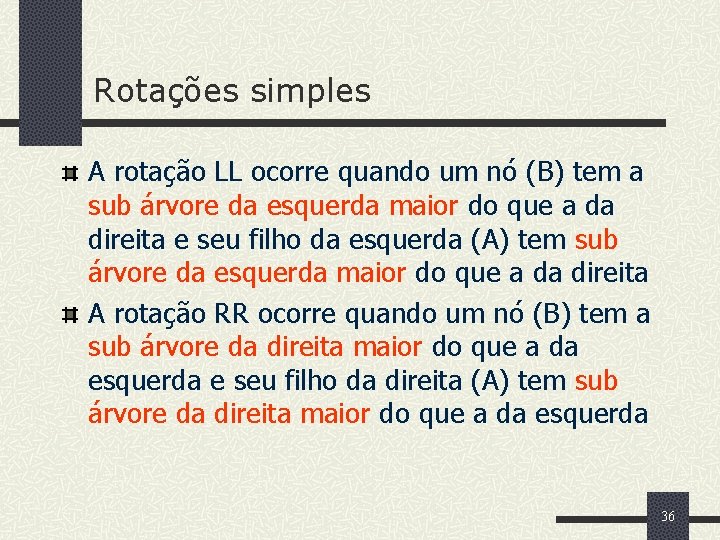 Rotações simples A rotação LL ocorre quando um nó (B) tem a sub árvore