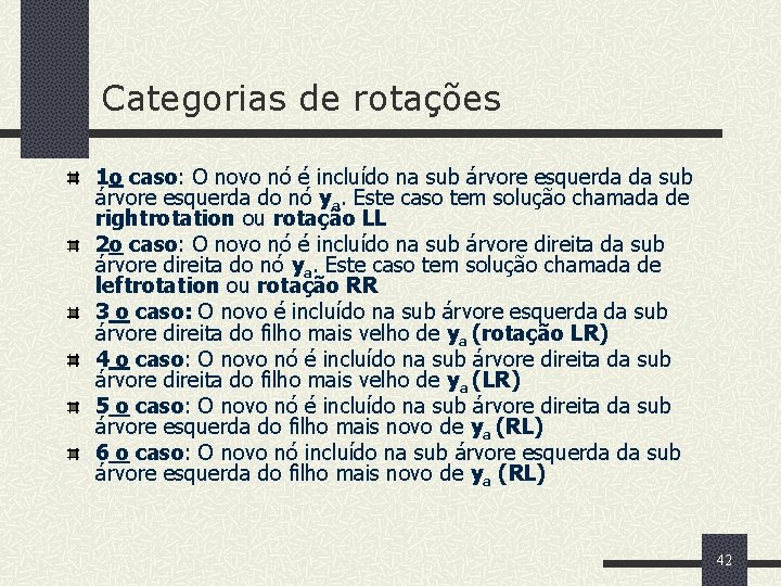 Categorias de rotações 1 o caso: O novo nó é incluído na sub árvore