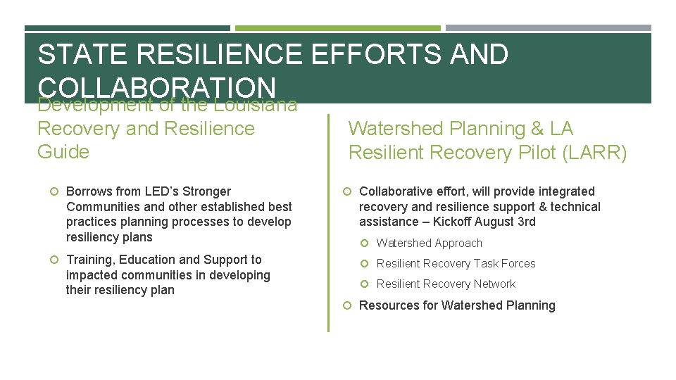 STATE RESILIENCE EFFORTS AND COLLABORATION Development of the Louisiana Recovery and Resilience Guide Borrows