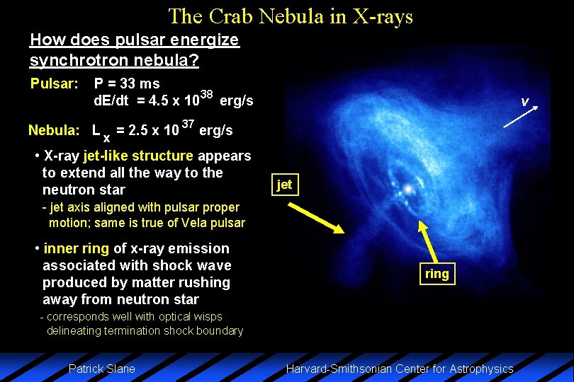 The Crab Nebula in X-rays How does pulsar energize synchrotron nebula? Pulsar: P =