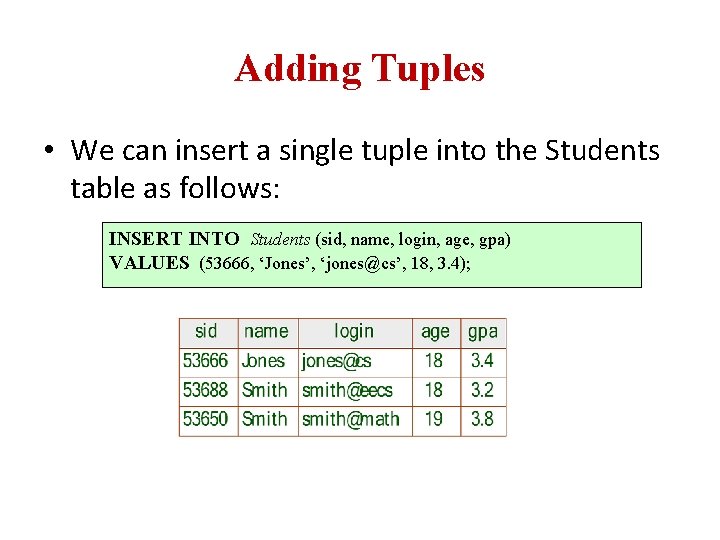 Adding Tuples • We can insert a single tuple into the Students table as
