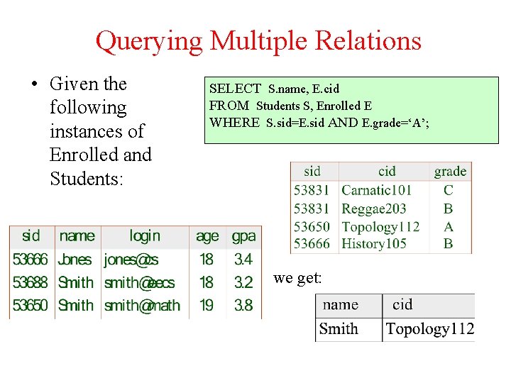  Querying Multiple Relations • Given the following instances of Enrolled and Students: SELECT