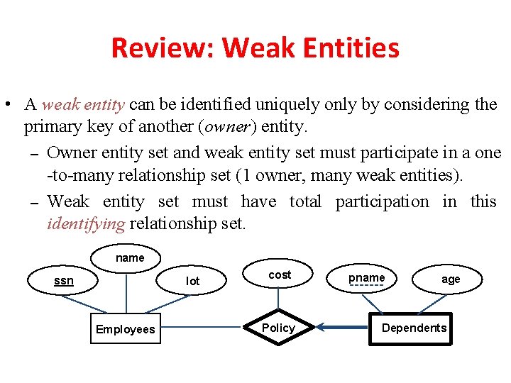 Review: Weak Entities • A weak entity can be identified uniquely only by considering