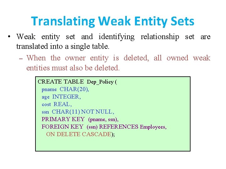 Translating Weak Entity Sets • Weak entity set and identifying relationship set are translated