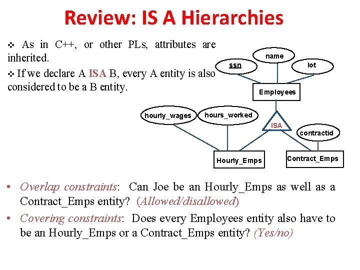 Review: IS A Hierarchies v As in C++, or other PLs, attributes are inherited.