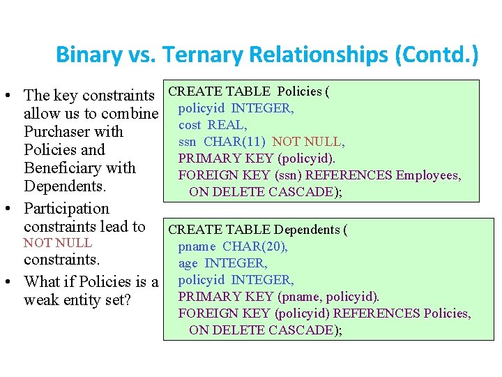 Binary vs. Ternary Relationships (Contd. ) • The key constraints CREATE TABLE Policies (