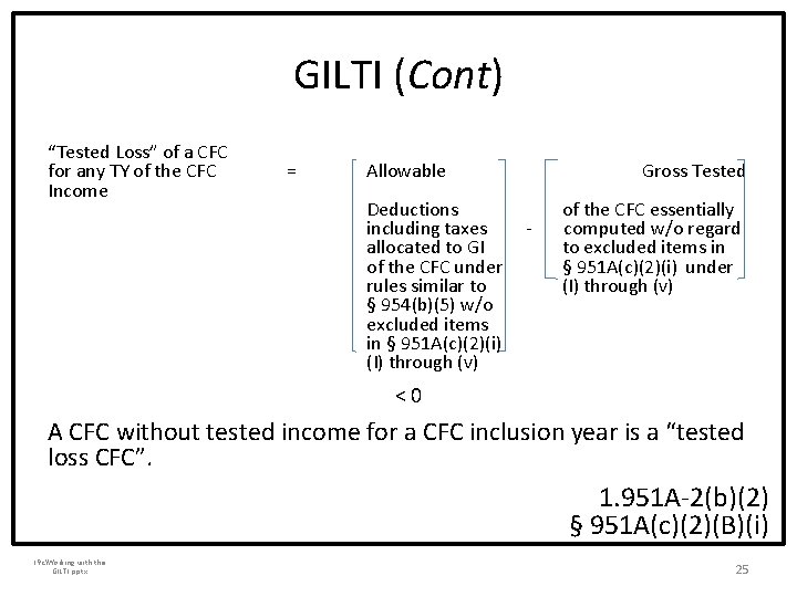 GILTI (Cont) “Tested Loss” of a CFC for any TY of the CFC Income