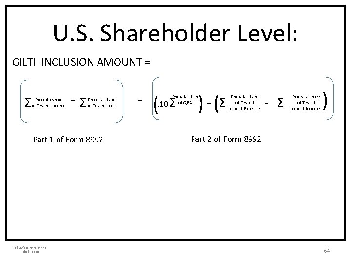 U. S. Shareholder Level: GILTI INCLUSION AMOUNT = Ʃ Pro rata share of Tested