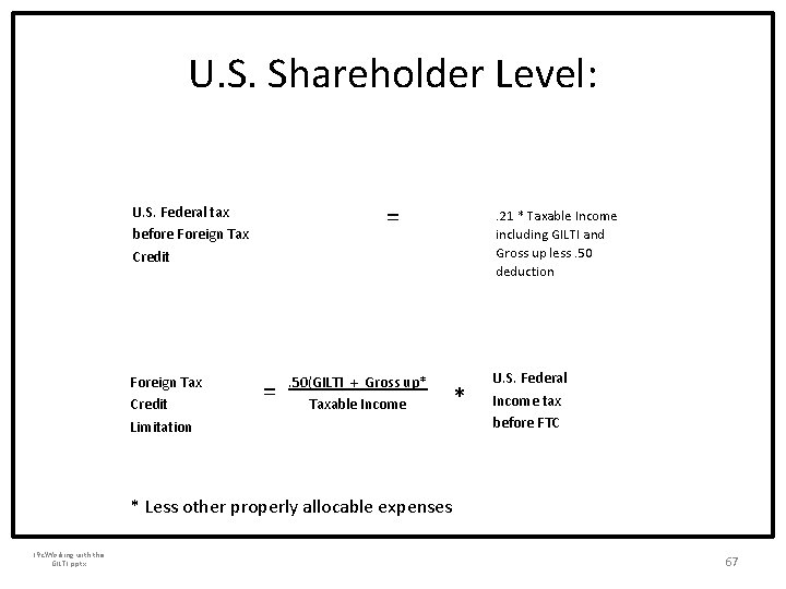 U. S. Shareholder Level: = U. S. Federal tax before Foreign Tax Credit Limitation