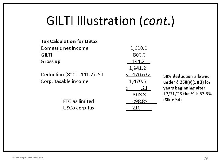 GILTI Illustration (cont. ) Tax Calculation for USCo: Domestic net income GILTI Gross up