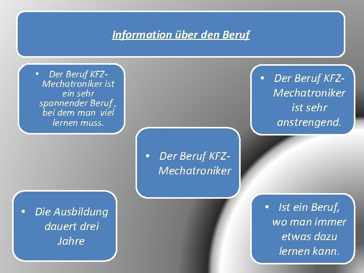 Information über den Beruf • Der Beruf KFZMechatroniker ist ein sehr spannender Beruf ,