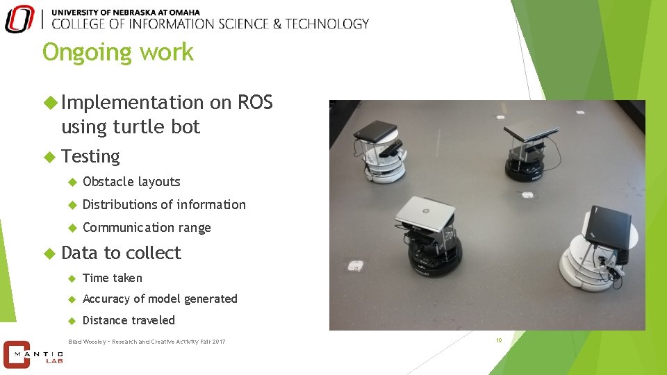 Ongoing work Implementation on ROS using turtle bot Testing Obstacle layouts Distributions of information