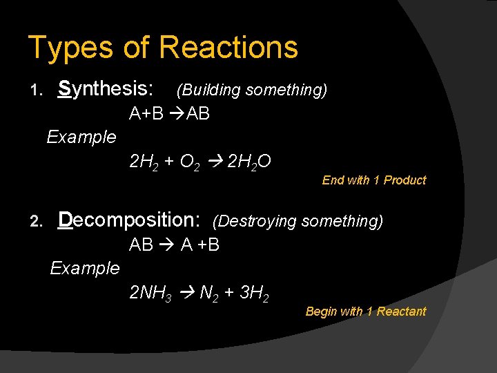 Types of Reactions 1. Synthesis: (Building something) A+B AB Example 2 H 2 +