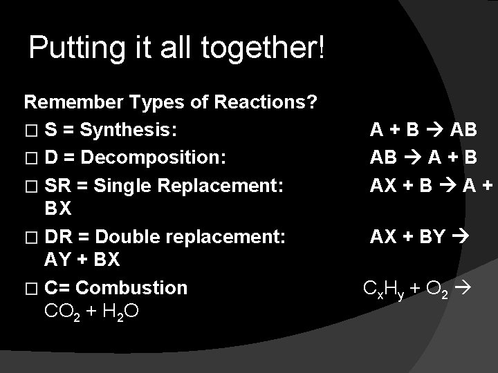 Putting it all together! Remember Types of Reactions? � S = Synthesis: � D