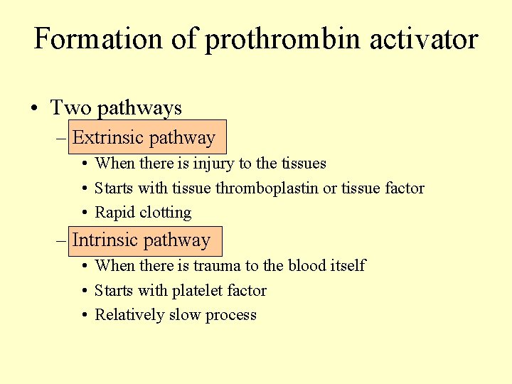 Formation of prothrombin activator • Two pathways – Extrinsic pathway • When there is