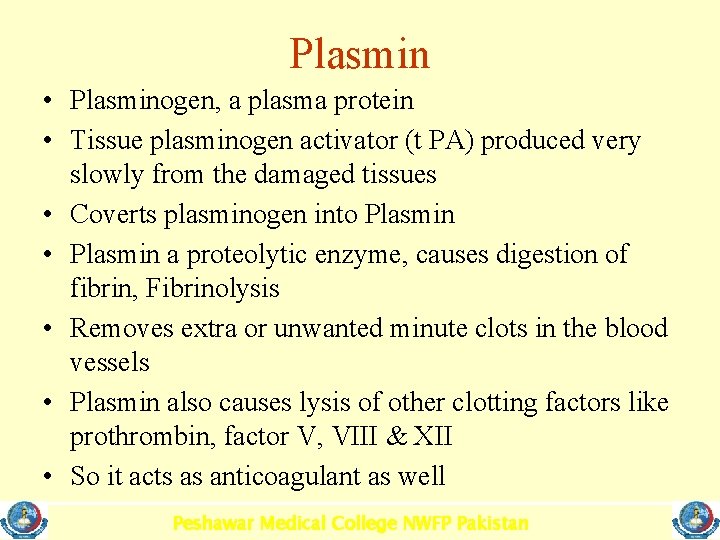 Plasmin • Plasminogen, a plasma protein • Tissue plasminogen activator (t PA) produced very