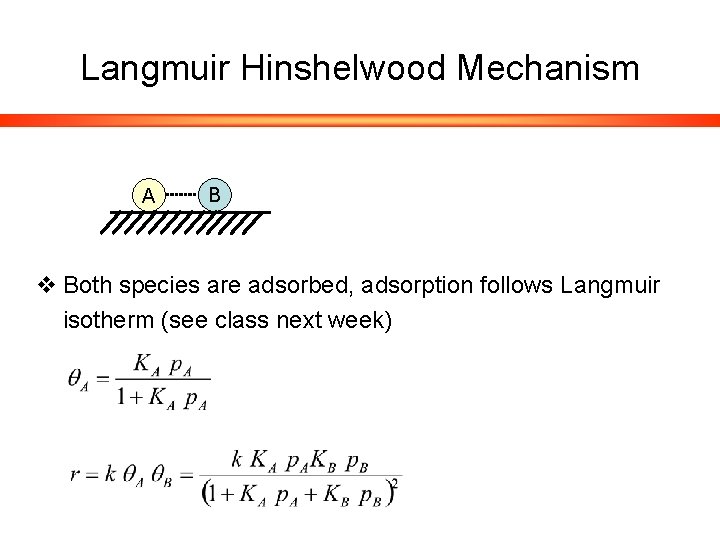 Langmuir Hinshelwood Mechanism A B v Both species are adsorbed, adsorption follows Langmuir isotherm