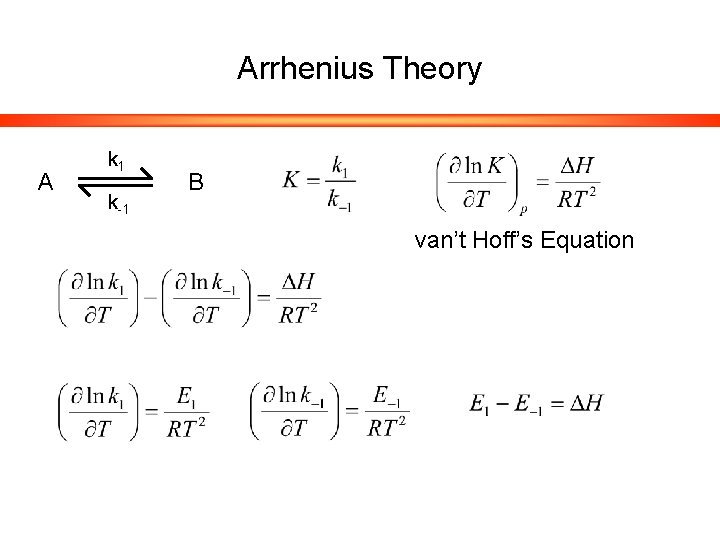 Arrhenius Theory A k 1 k-1 B van’t Hoff’s Equation 