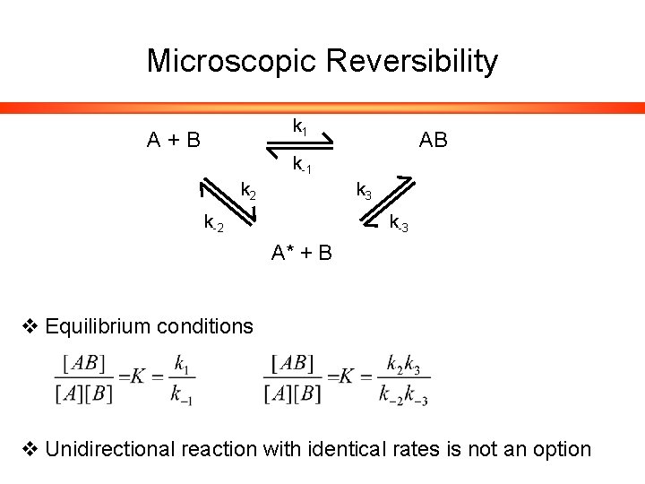 Microscopic Reversibility k 1 A+B AB k-1 k 2 k 3 k-2 k-3 A*
