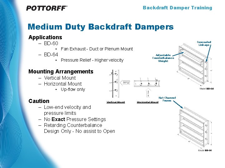 Backdraft Damper Training Medium Duty Backdraft Dampers Applications Concealed Linkage – BD-60 • Fan