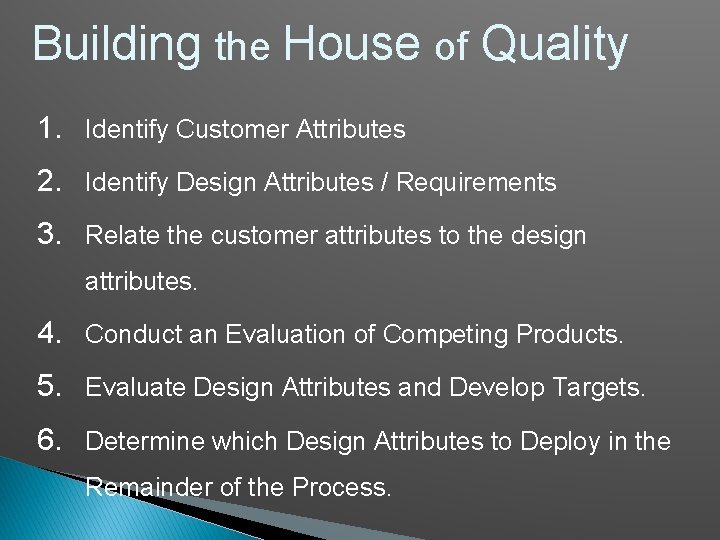 Building the House of Quality 1. Identify Customer Attributes 2. Identify Design Attributes /