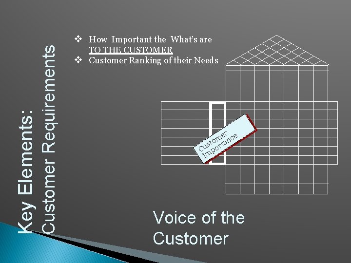 Customer Requirements Key Elements: v How Important the What’s are TO THE CUSTOMER v