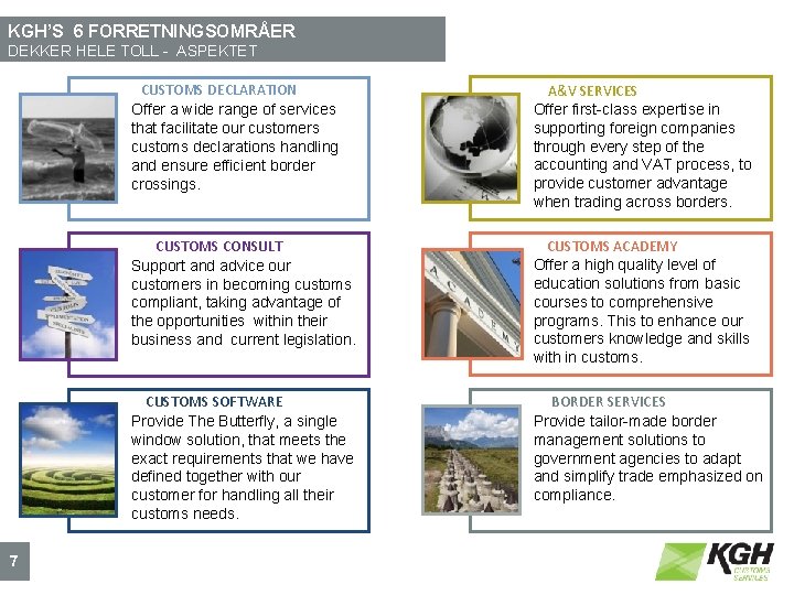KGH’S 6 FORRETNINGSOMRÅER DEKKER HELE TOLL - ASPEKTET 7 CUSTOMS DECLARATION Offer a wide