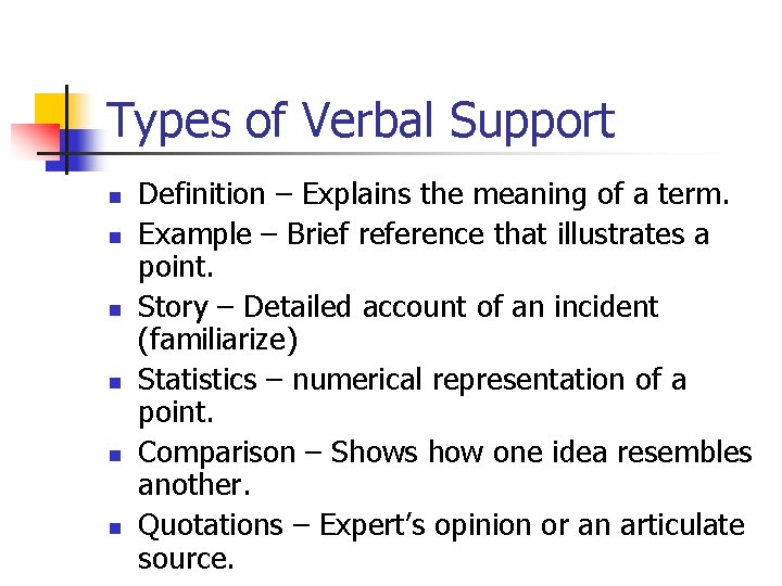 Types of Verbal Support n n n Definition – Explains the meaning of a