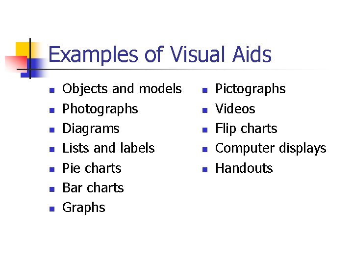 Examples of Visual Aids n n n n Objects and models Photographs Diagrams Lists