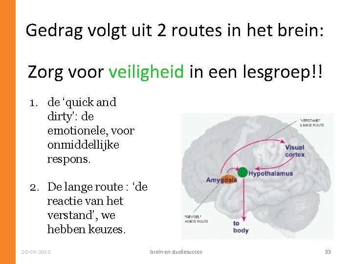 Gedrag volgt uit 2 routes in het brein: Zorg voor veiligheid in een lesgroep!!