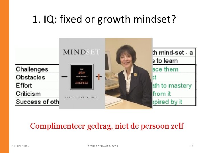 1. IQ: fixed or growth mindset? Complimenteer gedrag, niet de persoon zelf 20 -09