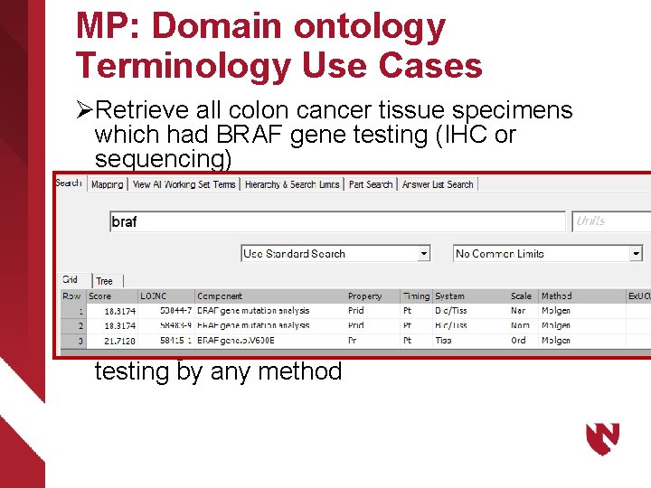 MP: Domain ontology Terminology Use Cases ØRetrieve all colon cancer tissue specimens which had