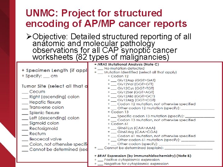 UNMC: Project for structured encoding of AP/MP cancer reports Ø Objective: Detailed structured reporting