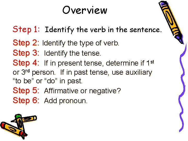 Overview Step 1: Identify the verb in the sentence. Step 2: Identify the type