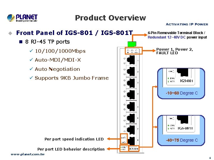 Product Overview u Front Panel of IGS-801 / IGS-801 T n 8 RJ-45 TP