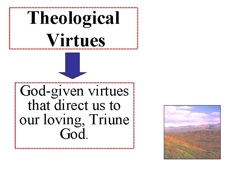 Theological Virtues God-given virtues that direct us to our loving, Triune God. 