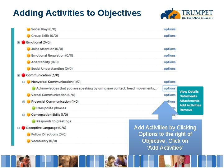 Adding Activities to Objectives Add Activities by Clicking Options to the right of Objective,