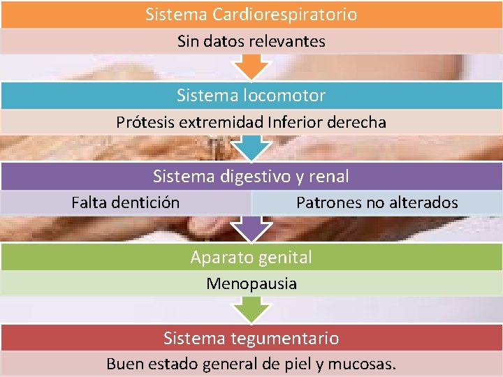 Sistema Cardiorespiratorio Sin datos relevantes Sistema locomotor Prótesis extremidad Inferior derecha Sistema digestivo y