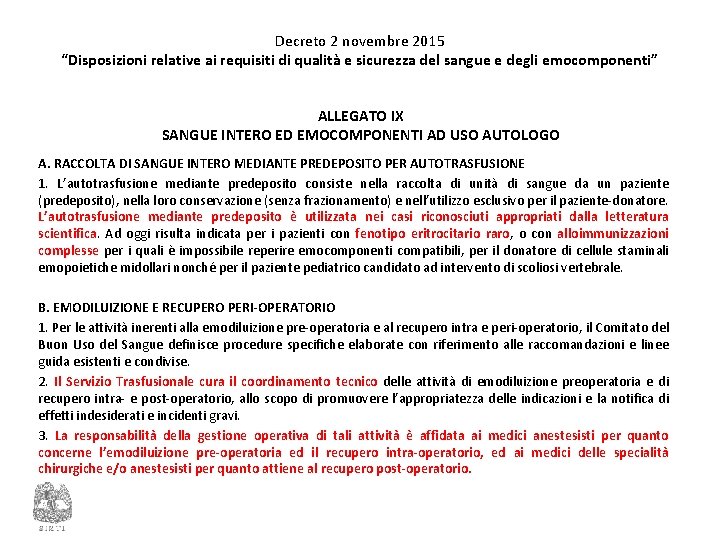 Decreto 2 novembre 2015 “Disposizioni relative ai requisiti di qualità e sicurezza del sangue