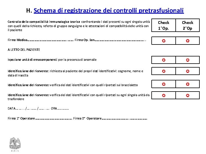 H. Schema di registrazione dei controlli pretrasfusionali Controllo della compatibilità immunologica teorica confrontando i