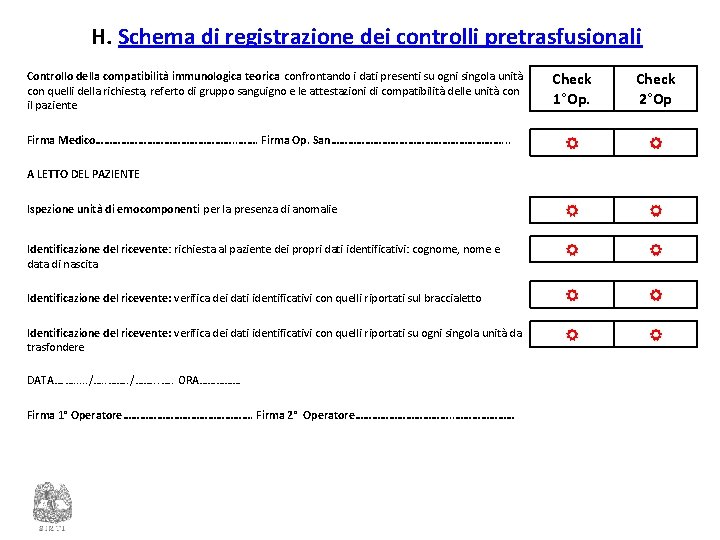 H. Schema di registrazione dei controlli pretrasfusionali Controllo della compatibilità immunologica teorica confrontando i H. Schema di registrazione dei controlli pretrasfusionali Controllo della compatibilità immunologica teorica confrontando i
