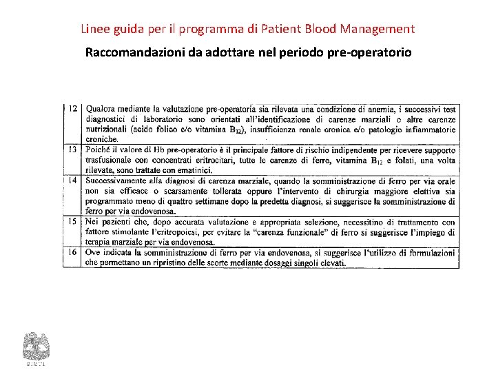 Linee guida per il programma di Patient Blood Management Raccomandazioni da adottare nel periodo