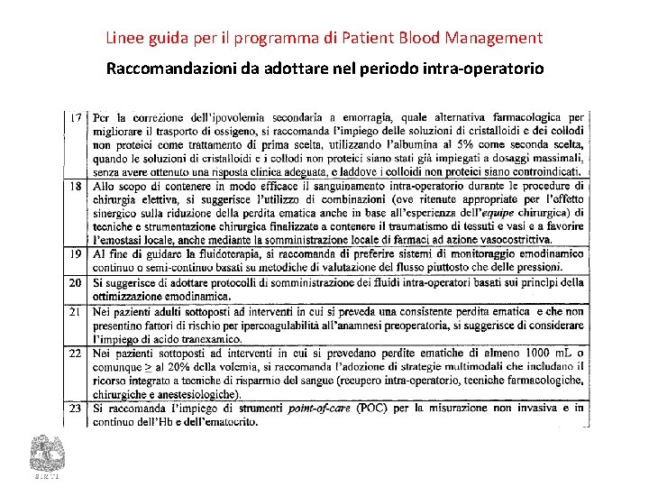 Linee guida per il programma di Patient Blood Management Raccomandazioni da adottare nel periodo