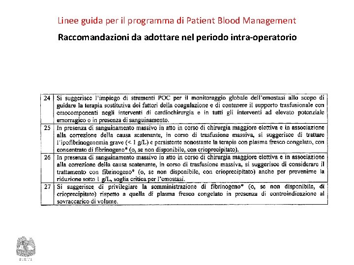 Linee guida per il programma di Patient Blood Management Raccomandazioni da adottare nel periodo
