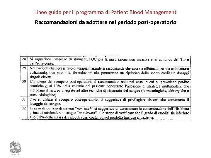 Linee guida per il programma di Patient Blood Management Raccomandazioni da adottare nel periodo