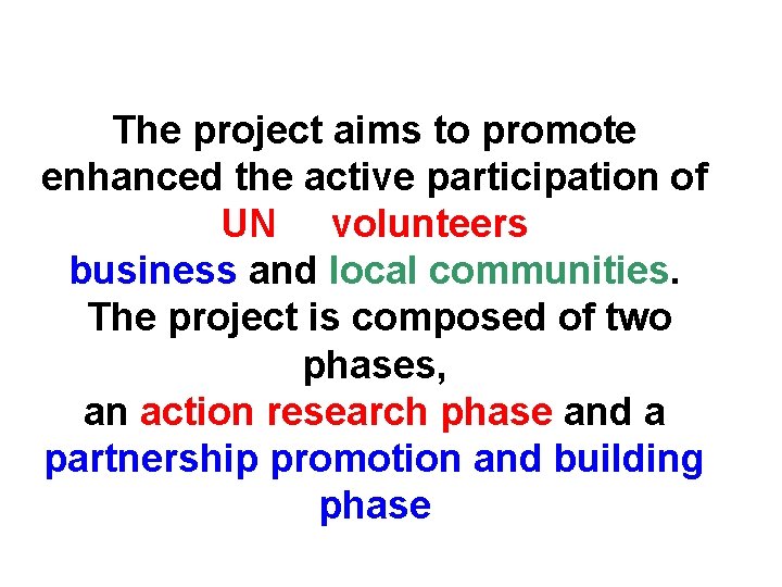 The project aims to promote enhanced the active participation of UN volunteers business and