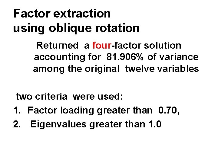 Factor extraction using oblique rotation Returned a four-factor solution accounting for 81. 906% of