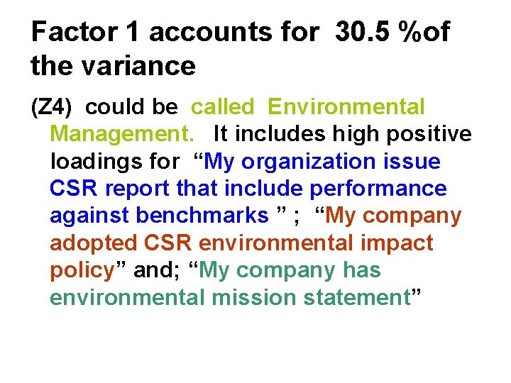Factor 1 accounts for 30. 5 %of the variance (Z 4) could be called