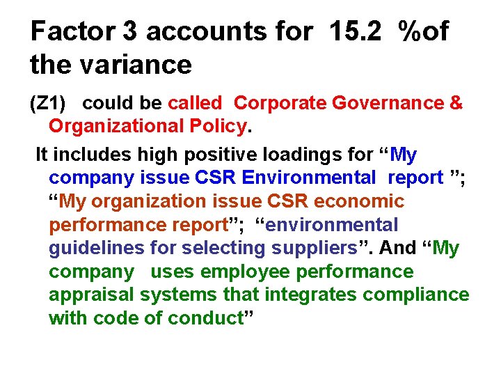 Factor 3 accounts for 15. 2 %of the variance (Z 1) could be called