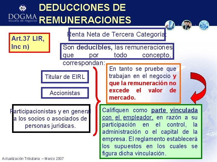 DEDUCCIONES DE REMUNERACIONES Art. 37 LIR, Inc n) Renta Neta de Tercera Categoría: Son